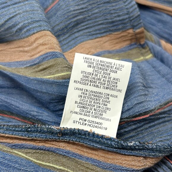 O’NEILL Rosie Top Sz L Navy Blue Striped Front Tie Balloon Sleeve Ruffle Viscose - Picture 8 of 10